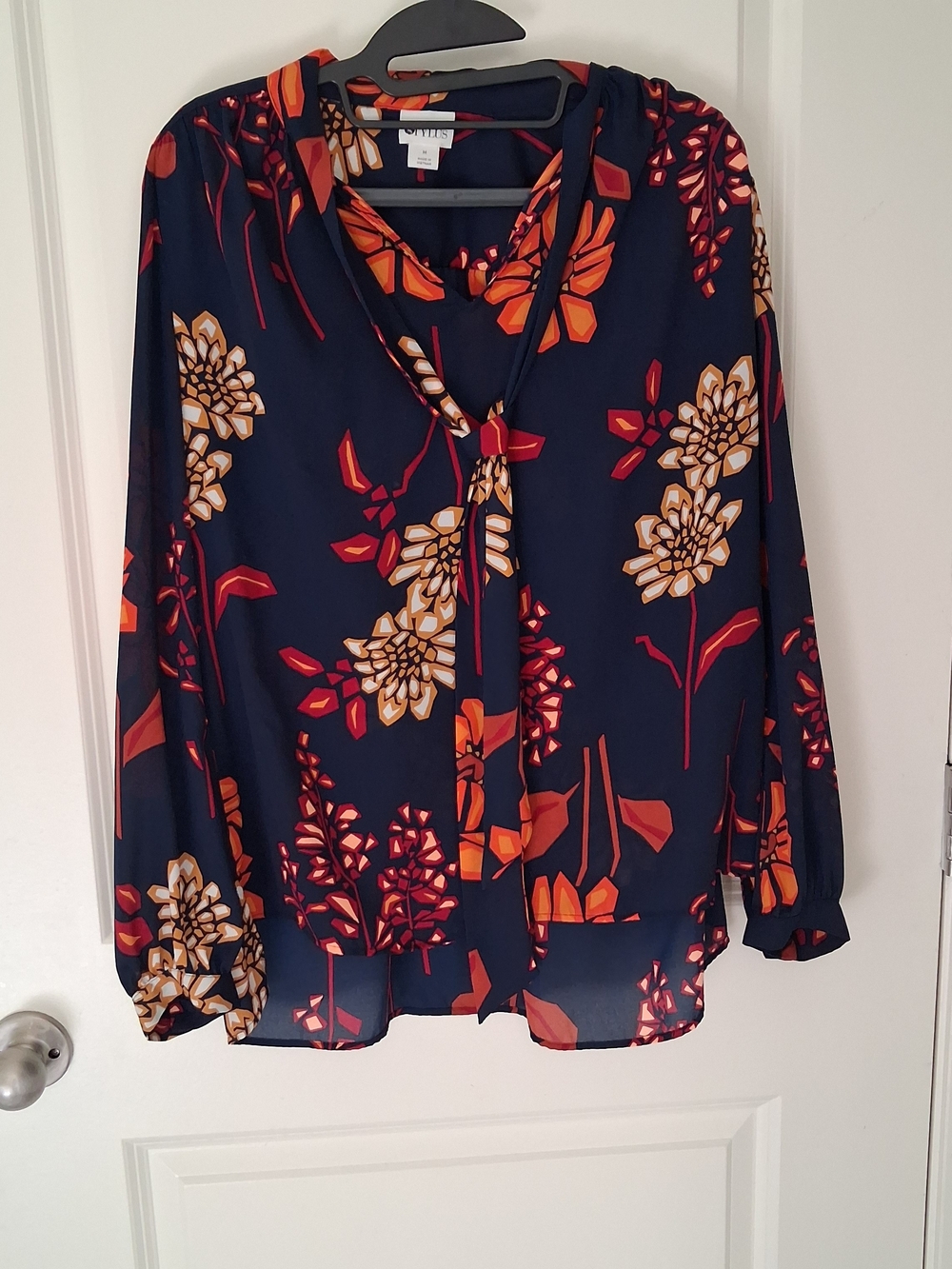 Stylus Navy Blue & Orange Floral Long Sleeve Blouse - Size Medium